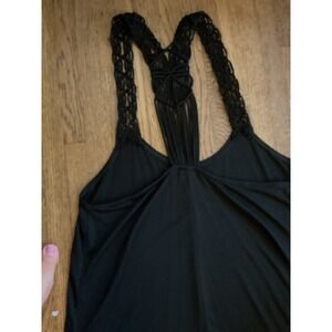 Lagaci Womens Black Macrame Crochet Racerback Tank Top Boho Fringe Detail